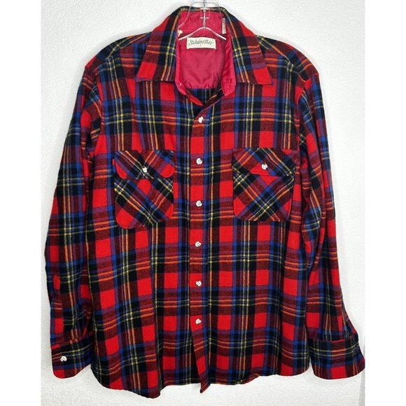 Vintage St. John's Bay Shirt Jacket Mens M Red Tartan Plaid Wool Lined CPO 90s - Picture 2 of 14
